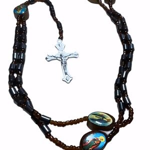 Beautiful Catholic Saints Rosary with Brown Beads, Healing Magnets, Silver Cross